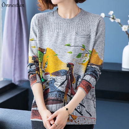 Print Women'S Sweaters Autumn Korean Fashion Women Clothing Pullover Long Sleeve Top Pull Femme Soft Sweater Women