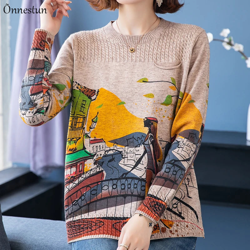 Print Women'S Sweaters Autumn Korean Fashion Women Clothing Pullover Long Sleeve Top Pull Femme Soft Sweater Women