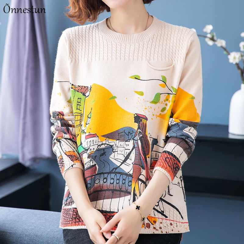 Print Women'S Sweaters Autumn Korean Fashion Women Clothing Pullover Long Sleeve Top Pull Femme Soft Sweater Women